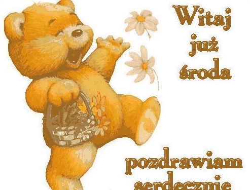 Radosny miś z koszykiem kwiatów pozdrawia w środę